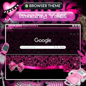 May include: A pink and black browser theme with the text "BROWSER THEME" and "trashy Y2K". The browser window displays the Google search engine. Decorative elements include a pink bow, a pink heart, and a pink iPod.