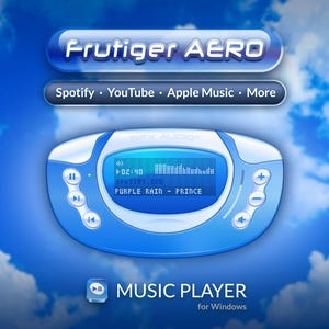以下が含まれることがあります： Frutiger AERO、Spotify、YouTube、Apple Music、More、WFX AUDIO、MUSIC PLAYER for Windowsというテキストが表示された青と白のデジタル音楽プレーヤーインターフェース。画面には音波、02:40、SPOTIFY.EXE、PURPLE RAIN - PRINCEが表示されています。