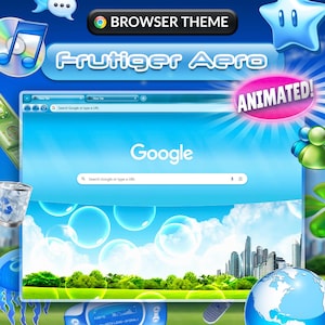 以下が含まれることがあります： 「Frutiger Aero」と「Browser Theme」のテキストが入ったブラウザテーマのデジタルイラスト。ブラウザウィンドウにはGoogleの検索インターフェースが表示されています。画像は青と白を基調とした配色で、アニメーション要素があります。
