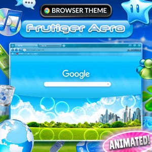 Könnte beinhalten: Eine digitale Illustration eines Browser-Themas mit dem Titel "Fritiger Aero" in Blau und Weiß. Das Browserfenster zeigt die Google-Suchmaschine. Animierte Elemente und Symbole, darunter ein Stern, Noten und ein Globus, sind enthalten.