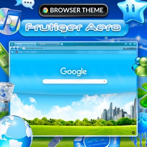 Może przedstawiać: Cyfrowa ilustracja z motywem przeglądarki na tle błękitnego nieba. Wyświetlany jest tekst "Frutiger Aero" i "Browser Theme". Widoczny jest pasek wyszukiwania Google z logo Google.