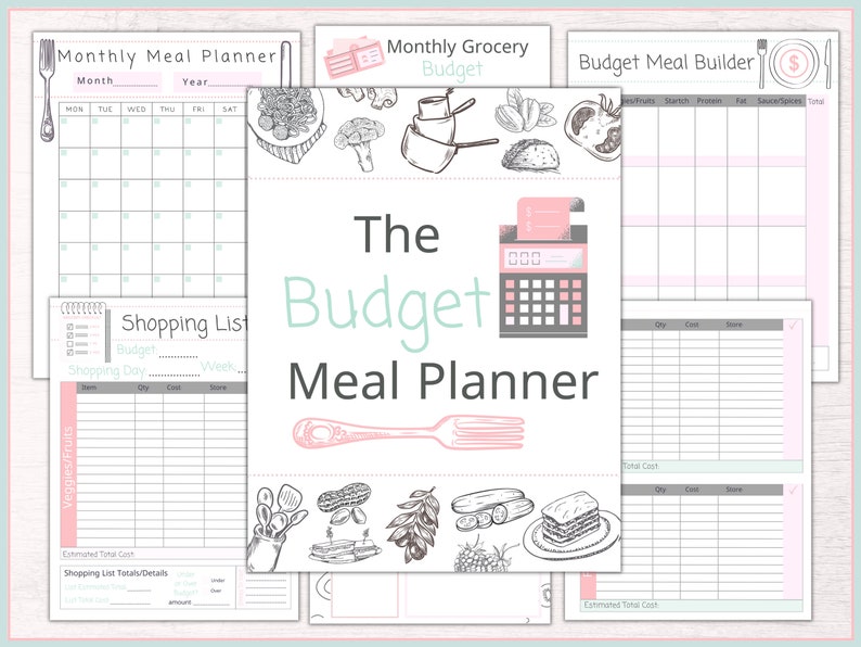 May include: A printable budget meal planner with a pink and green color scheme. The planner includes sections for a monthly meal planner, a shopping list, a budget meal builder, and a monthly grocery budget. The planner features a hand-drawn illustration of a fork, a cash register, and various food items.