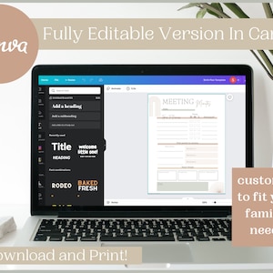 May include: A laptop screen displaying a Canva design template for a meeting minutes planner. The template features a beige and peach color scheme with a sunburst design. The text "MEETING Minutes" is displayed in a bold font at the top of the template. The text "Download and Print!" is displayed below the laptop screen.