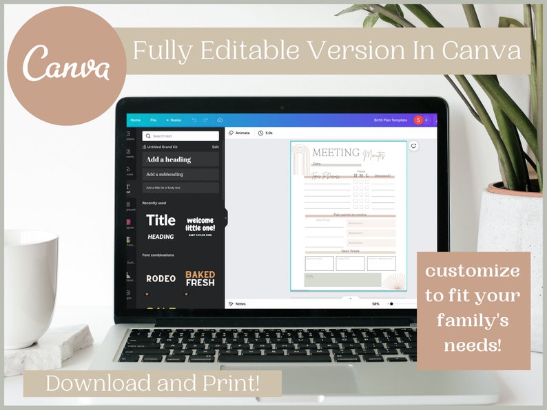 May include: A laptop screen displaying a Canva design template for a meeting minutes planner. The template features a beige and peach color scheme with a sunburst design. The text "MEETING Minutes" is displayed in a bold font at the top of the template. The text "Download and Print!" is displayed below the laptop screen.