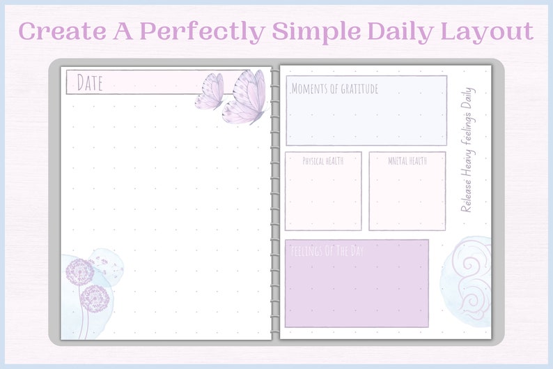 May include: A printable daily planner page with a light blue and purple colour scheme. The page includes sections for "Date", "Moments of Gratitude", "Physical Health", "Mental Health", "Feelings of the Day", and "Release Heavy Feelings Daily".