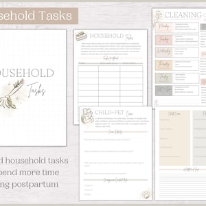 May include: A printable checklist for household tasks, child and pet care, and a cleaning schedule. The checklist is designed to help new parents offload tasks and spend more time resting postpartum. The checklist includes sections for household tasks, child care, pet care, and a weekly cleaning schedule.