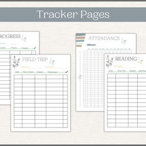 K&ouml;nnte beinhalten: Vier druckbare Tracker-Seiten mit einem gr&uuml;n-wei&szlig;en Blumenmuster. Die Seiten sind mit "Fortschrittsprotokoll", "Exkursionsprotokoll", "Anwesenheitsprotokoll" und "Leseprotokoll" betitelt.
