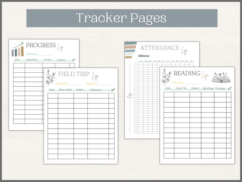 K&ouml;nnte beinhalten: Vier druckbare Tracker-Seiten mit einem gr&uuml;n-wei&szlig;en Blumenmuster. Die Seiten sind mit "Fortschrittsprotokoll", "Exkursionsprotokoll", "Anwesenheitsprotokoll" und "Leseprotokoll" betitelt.