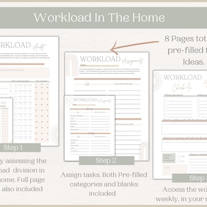 May include: A printable worksheet set for managing household workload. The set includes three pages: a workload audit, workload assignments, and a weekly workload check-in. The pages are designed with a minimalist aesthetic and feature a light brown and white color scheme. The text on the pages includes the words "Workload Audit", "Workload Assignments", and "Workload Check-In".