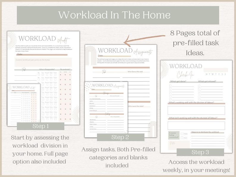 May include: A printable worksheet set for managing household workload. The set includes three pages: a workload audit, workload assignments, and a weekly workload check-in. The pages are designed with a minimalist aesthetic and feature a light brown and white color scheme. The text on the pages includes the words "Workload Audit", "Workload Assignments", and "Workload Check-In".