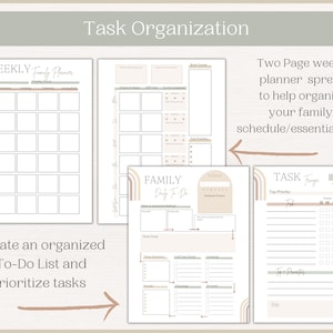 May include: A printable planner with a beige and brown color scheme. The planner is designed to help organize a family's schedule and essential tasks. The planner includes a weekly family planner, a daily to-do list, and a task tracker.