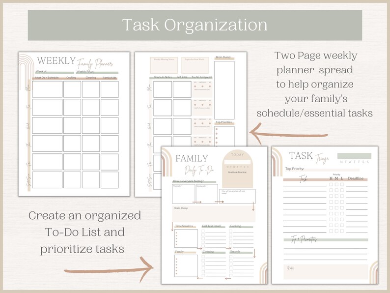 May include: A printable planner with a beige and brown color scheme. The planner is designed to help organize a family's schedule and essential tasks. The planner includes a weekly family planner, a daily to-do list, and a task tracker.