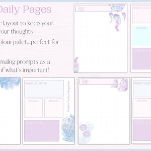 May include: Three printable daily journal pages with a calming pastel colour palette. Each page features a different design with a space for the date, moments of gratitude, and a journaling prompt. The prompts are "Practice Positive Perspective", "Release Heavy Feelings Daily", and "Doing Always Beats Thinking".