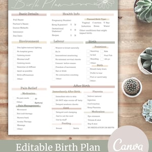 Printable and Editable Birth Plan Template | Neutral Colours Birth Plan Checklist | Editable Canva Birth Plan Template