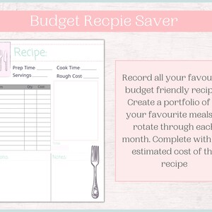 May include: A printable budget recipe saver page with a pink and gray color scheme. The page includes sections for recipe name, prep time, cook time, servings, ingredients, directions, and notes. The page also includes a section for recording the cost of each ingredient and the total cost of the recipe.
