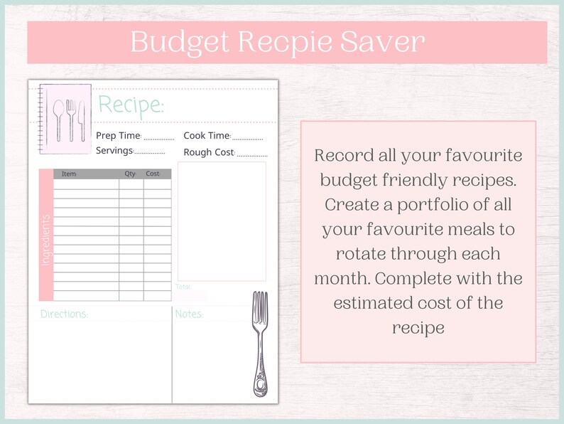 May include: A printable budget recipe saver page with a pink and gray color scheme. The page includes sections for recipe name, prep time, cook time, servings, ingredients, directions, and notes. The page also includes a section for recording the cost of each ingredient and the total cost of the recipe.