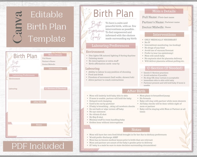 Editable Birth Plan Template Printable Birthing Plan - Etsy Canada