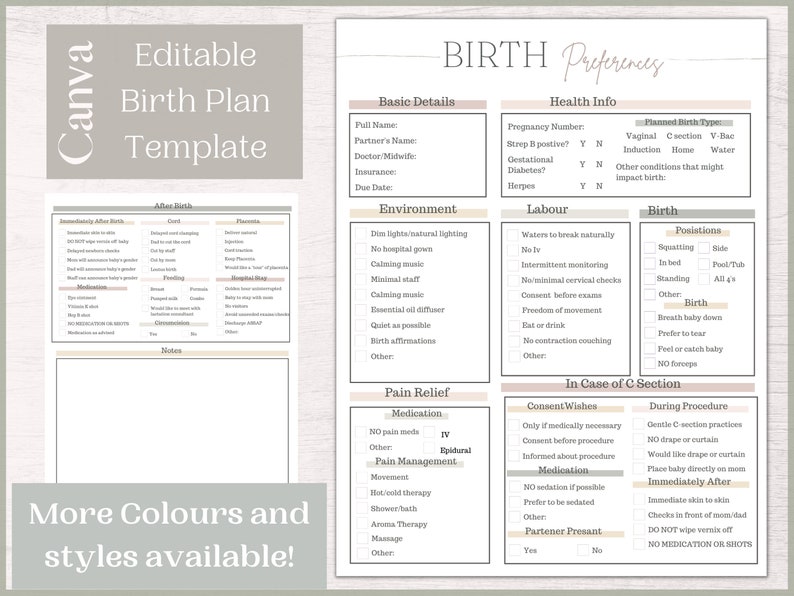 May include: A printable birth plan template with sections for basic details, health info, environment, labor, birth, pain relief, and consent wishes. The template includes the text "Editable Birth Plan Template" and "More Colours and styles available!"