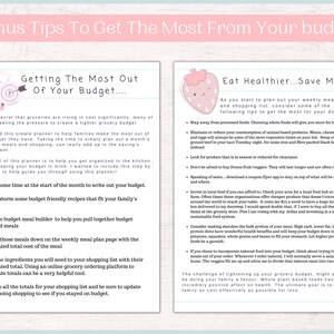 May include: A printable budget planner with tips on how to get the most out of your budget and eat healthier. The left side of the page has a checklist of tips for getting the most out of your budget. The right side of the page has a checklist of tips for eating healthier and saving money.