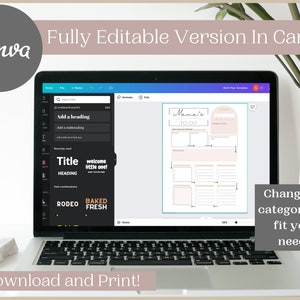 May include: A laptop screen displaying a Canva design template for a "Mama's To-Do" list. The template features a pink and white colour scheme with sections for different categories. The text "Change the categories to fit your needs!" is displayed below the laptop.