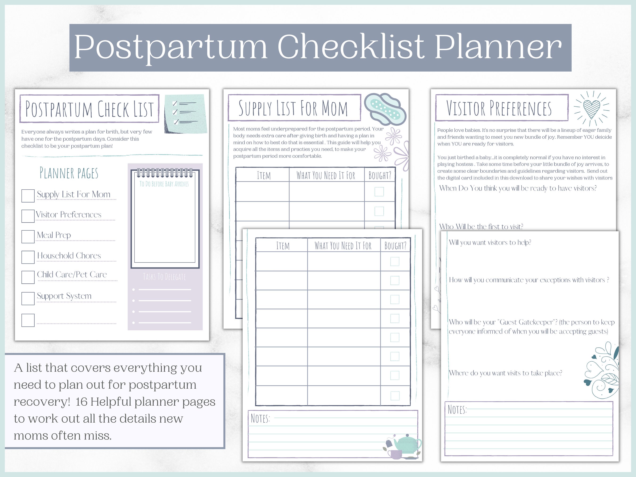 Postpartum Planner Checklists and Bullet Journal New Mom Journal ...