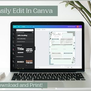 May include: A laptop displays a birth plan template with a minimalist design. The screen shows the text "Birth Plan" and "Easily Edit In Canva" and "Download and Print!". The template has sections for details and notes, with a soft green and gray color scheme.