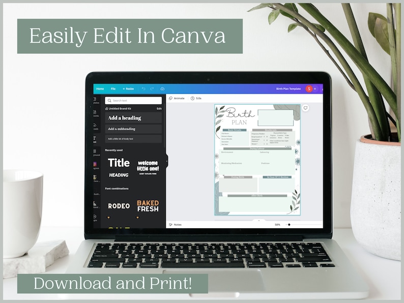 May include: A laptop displays a birth plan template with a minimalist design. The screen shows the text "Birth Plan" and "Easily Edit In Canva" and "Download and Print!". The template has sections for details and notes, with a soft green and gray color scheme.