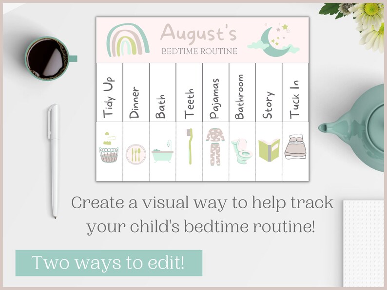 Editable Toddler Bedtime Routine Chart | Printable Chore Chart for Kids ...
