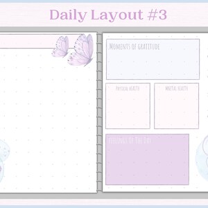 May include: A daily planner page with a light blue and purple colour scheme. The page has sections for "Moments of Gratitude", "Physical Health", "Mental Health", "Feelings of the Day", and "Release Heavy Feelings Daily". The page also has a section for "Date" and a decorative butterfly illustration.