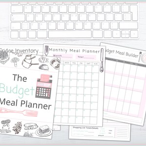 May include: A printable budget meal planner with three pages: a fridge inventory, a monthly meal planner, and a budget meal builder. The pages are decorated with hand-drawn illustrations of food and kitchen utensils.