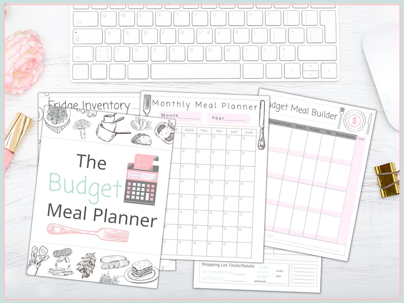May include: A printable budget meal planner with three pages: a fridge inventory, a monthly meal planner, and a budget meal builder. The pages are decorated with hand-drawn illustrations of food and kitchen utensils.