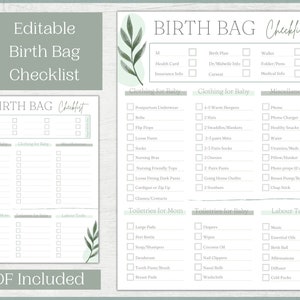 Birth Bag Packing List | Editable Hospital Bag Packing Checklist | Birth Plan Packing List