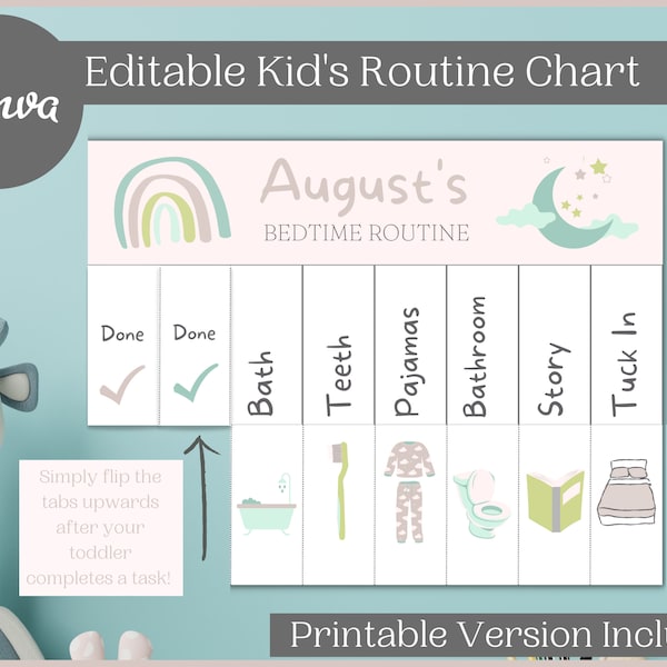 Editable Toddler Bedtime Routine Chart | Printable Chore Chart for Kids | Kids Routine Chart