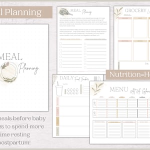 May include: A printable meal planning guide with a green and brown floral design. The guide includes sections for grocery lists, daily food trackers, and a menu at a glance. The text "Nutrition=Healing" is featured at the top of the page.