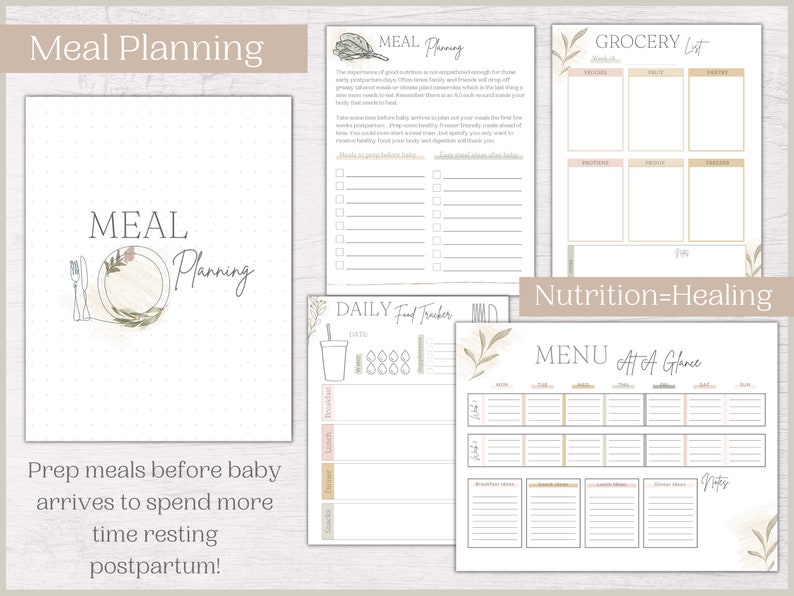 May include: A printable meal planning guide with a green and brown floral design. The guide includes sections for grocery lists, daily food trackers, and a menu at a glance. The text "Nutrition=Healing" is featured at the top of the page.