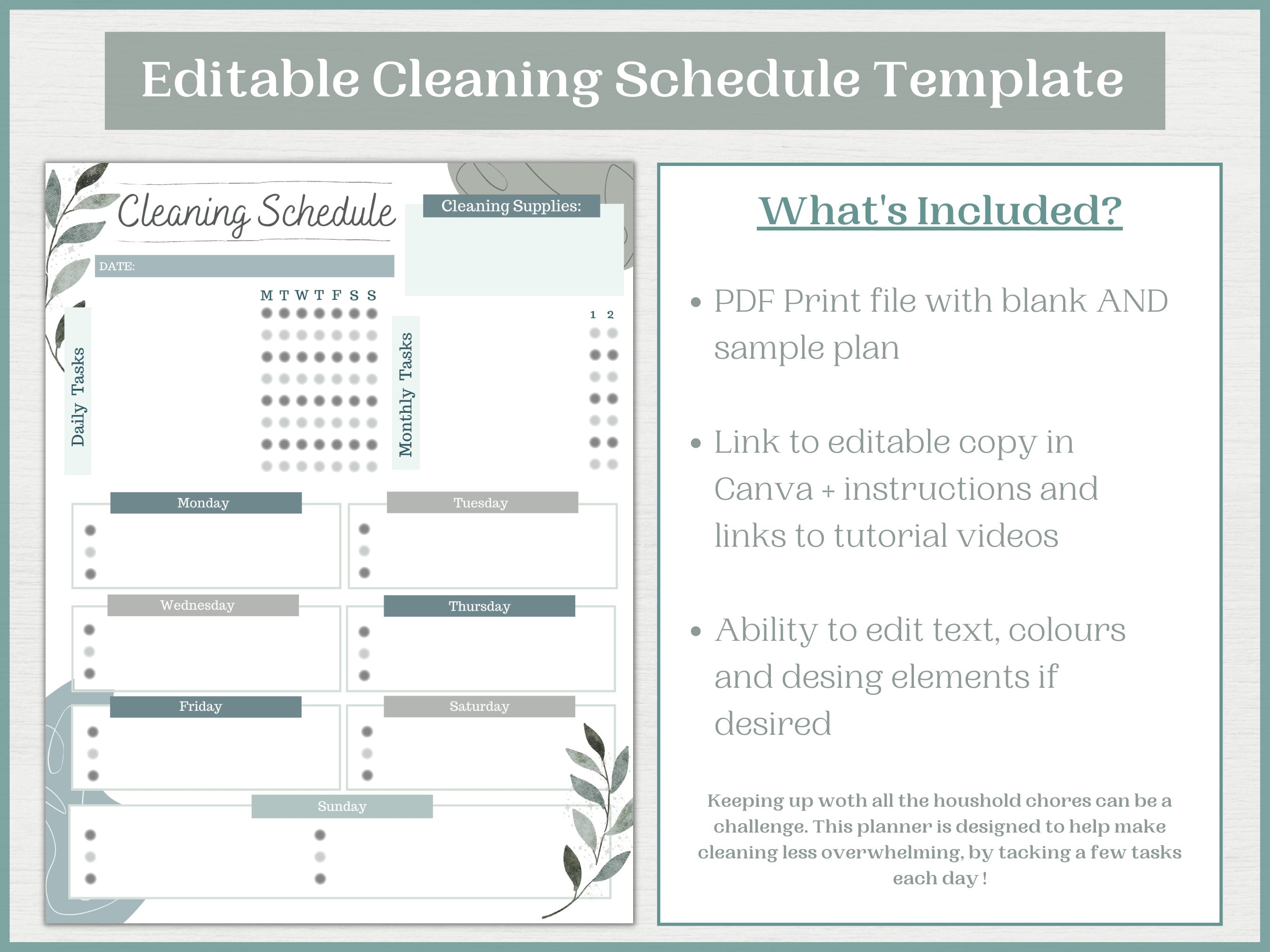 Editable Cleaning Schedule Canva Template - Etsy
