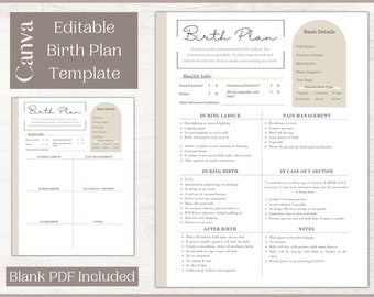 May include: A printable birth plan template with the text "Editable Birth Plan Template" in a soft beige and white design. The plan includes sections for health information, labor, pain management, and after birth details. A "Blank PDF Included" note is at the bottom.