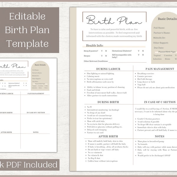 Editable Birth Plan Template | Printable Birthing Plan | Labour And Delivery Preferences Template