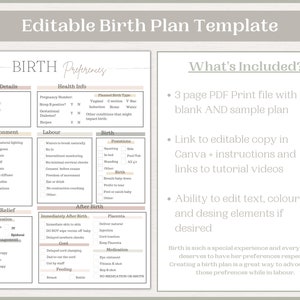 May include: Editable birth plan template with a light pink and green color scheme. The template includes sections for basic details, health info, environment, labor, birth, pain relief, immediately after birth, and after birth. The template also includes a section for what's included, which lists the following: 3 page PDF print file with blank and sample plan, link to editable copy in Canva + instructions and links to tutorial videos, and ability to edit text, colors, and design elements if desired. The template also includes a quote about birth being a special experience and every woman deserves to have her preferences respected. Creating a birth plan is a great way to advocate for those preferences while in labor.