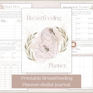 May include: Printable breastfeeding planner and bullet journal with a watercolor illustration of a mother breastfeeding her baby. The planner includes sections for daily feed tracking, appointment tracking, and food elimination tracking.