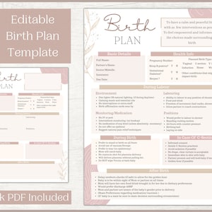 Editable Birth Plan Template | Printable Birthing Plan | Labour And Delivery Preferences Template