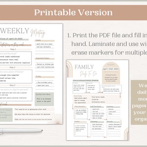 May include: Printable weekly and daily planner pages with a beige and brown color scheme. The pages feature a modern design with arches and a "Family Daily To Do" heading. The pages are designed to help families stay organized.