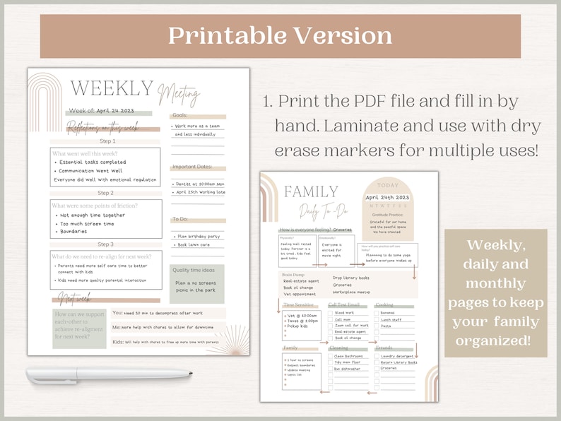 May include: Printable weekly and daily planner pages with a beige and brown color scheme. The pages feature a modern design with arches and a "Family Daily To Do" heading. The pages are designed to help families stay organized.