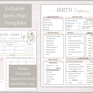 Editable Birth Plan Template and Printable Newborn Log | Mini Birth bundle | Printable Birth Plan