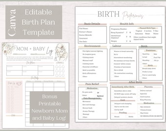 Editable Birth Plan Template and Printable Newborn Log | Mini Birth bundle | Printable Birth Plan