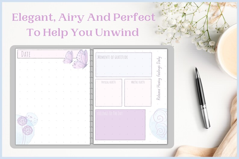 May include: A light purple and blue daily planner with a dotted background. The planner has sections for "Date", "Moments of Gratitude", "Physical Health", "Mental Health", and "Release Heavy Feelings Daily". The planner also features butterflies and swirls.