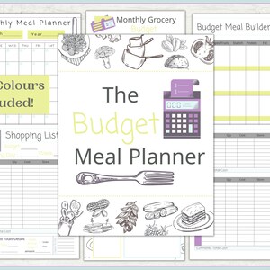 May include: A printable meal planner with a yellow and purple color scheme. The planner includes a monthly meal planner, a monthly grocery budget, a budget meal builder, and a shopping list. The planner features a hand-drawn illustration of a fork and various food items.