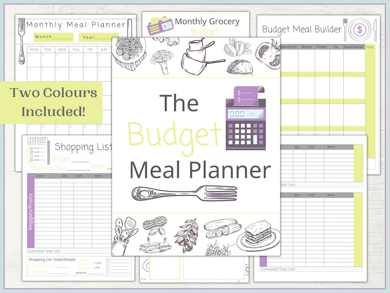 May include: A printable meal planner with a yellow and purple color scheme. The planner includes a monthly meal planner, a monthly grocery budget, a budget meal builder, and a shopping list. The planner features a hand-drawn illustration of a fork and various food items.