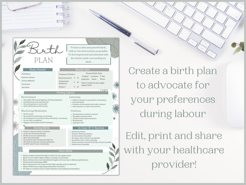 May include: A birth plan template with sections for basic details, health info, environment, laboring, positions, and after birth. The document is decorated with floral accents and the text "Birth Plan" at the top. The text "Create a birth plan to advocate for your preferences during labour" is also visible.