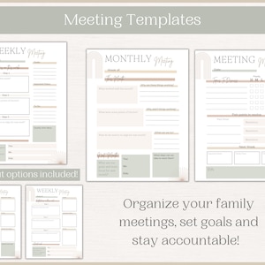 May include: Three printable templates for weekly, monthly, and general meetings. The templates feature a light green background with a peach-colored accent and a geometric design. The text on the templates reads "Weekly Meeting", "Monthly Meeting", and "Meeting Minutes".